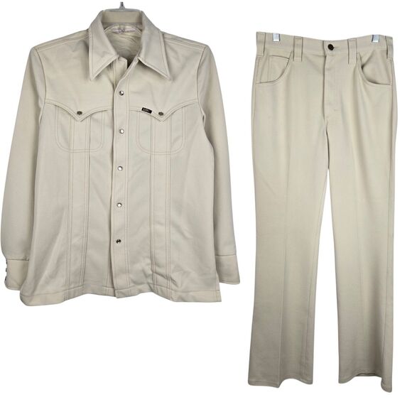 Vintage Lee Riders 2 Piece Suit Pants Jacket Tan Pearl Snap Buttons Sz M Western